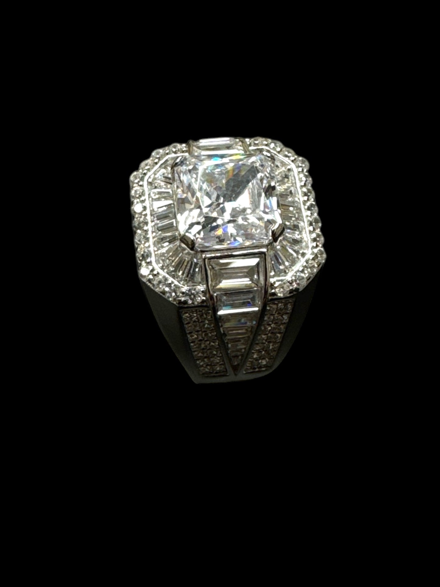 Sterling Silver Iced Out Baguette and Round Cubic Pinky Ring