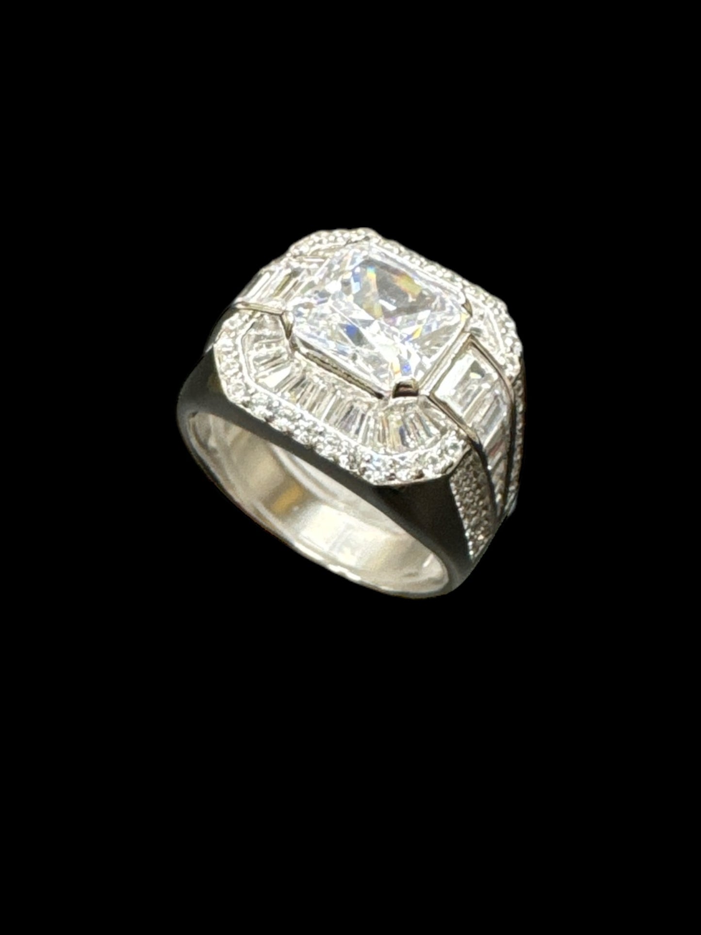 Sterling Silver Iced Out Baguette and Round Cubic Pinky Ring