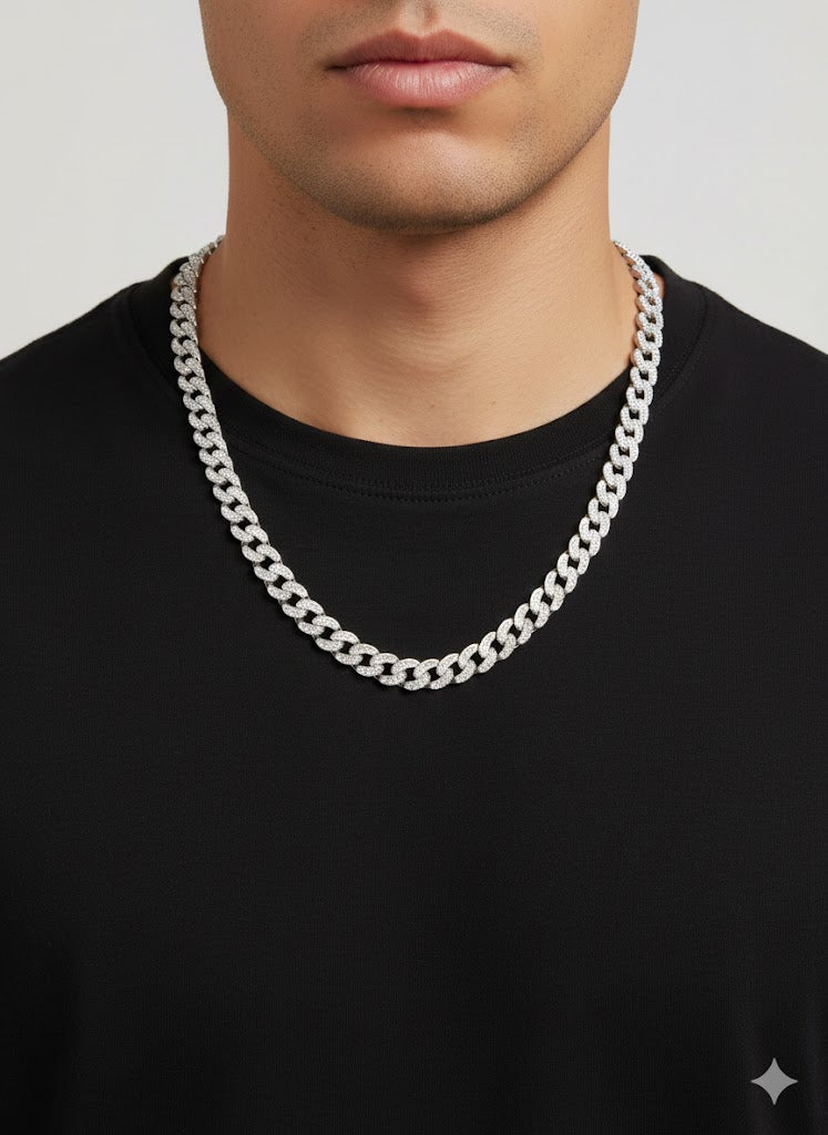 Miami Cuban Baguette-Cut CZ-Studded Men’s Silver Chain