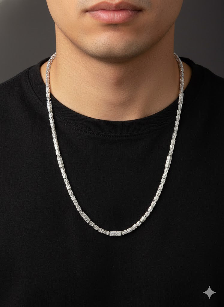 Men’s Silver Square Byzantine Chain with Sparkling CZ Stones