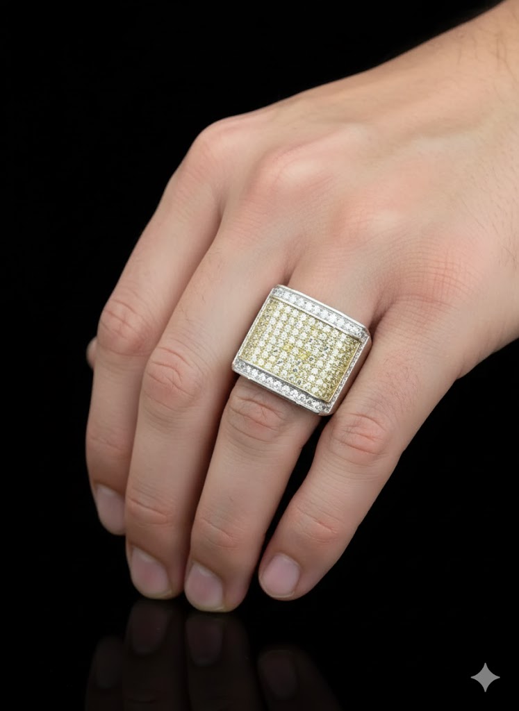 Men’s Silver Rectangular Ring with Yellow CZ Stone