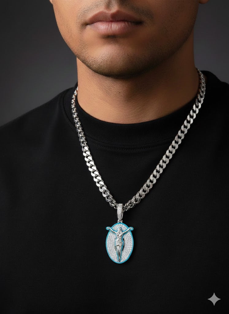 Sterling Silver Jesus Pendant with Blue Enamel Border