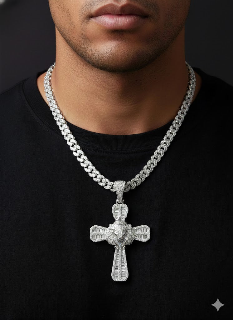 Men’s CZ Lion King Silver Cross Pendant