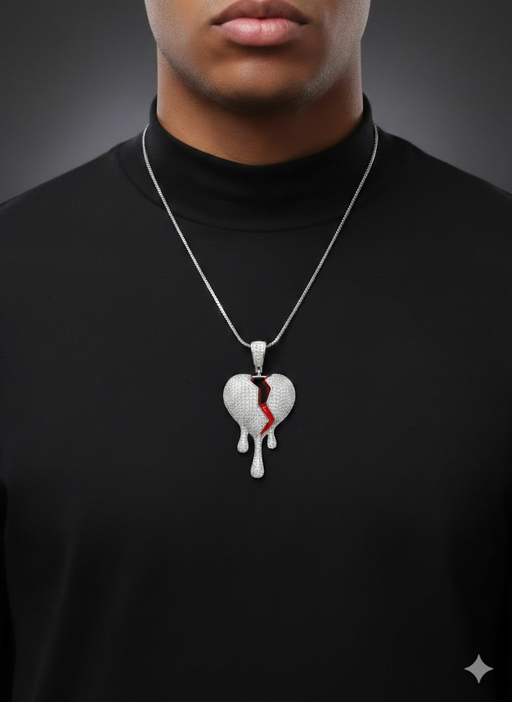 Men’s Iced Out Broken Heart Pendant – CZ Hip Hop Statement Necklace