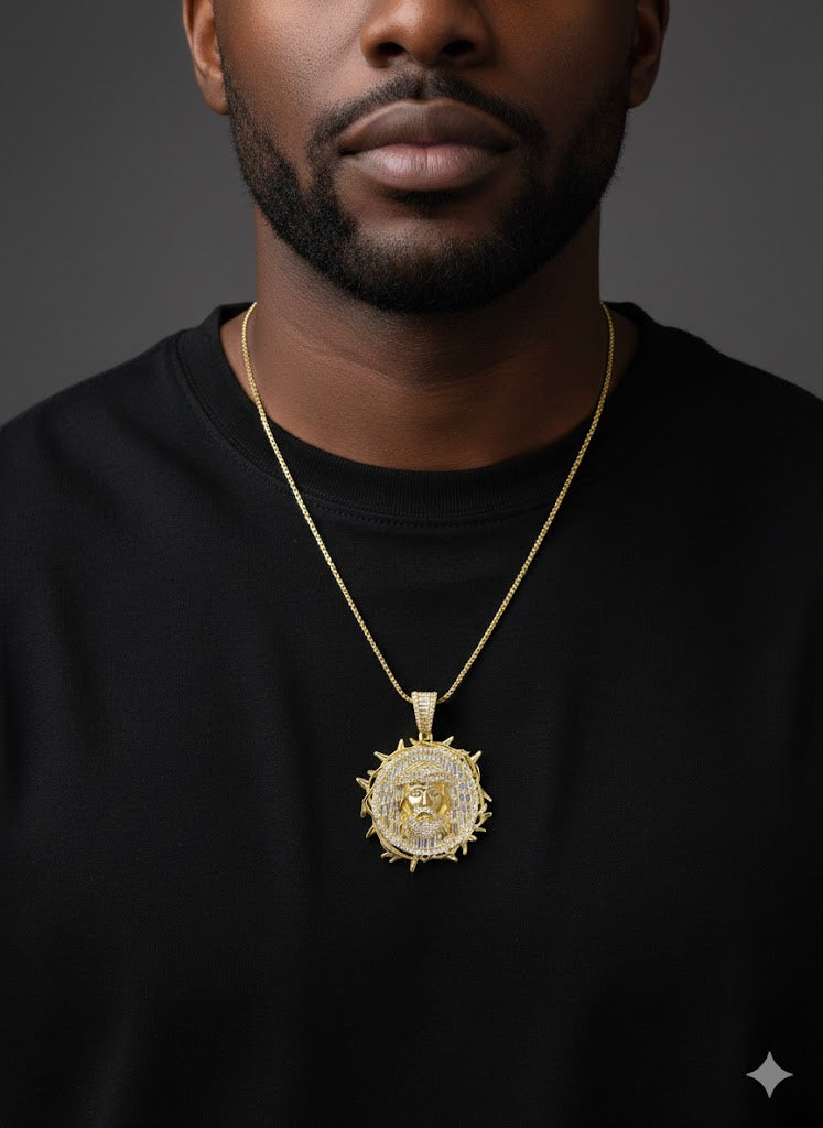 Men’s Round Jesus Face Pendant – 925 Sterling Silver Religious Hip Hop Necklace