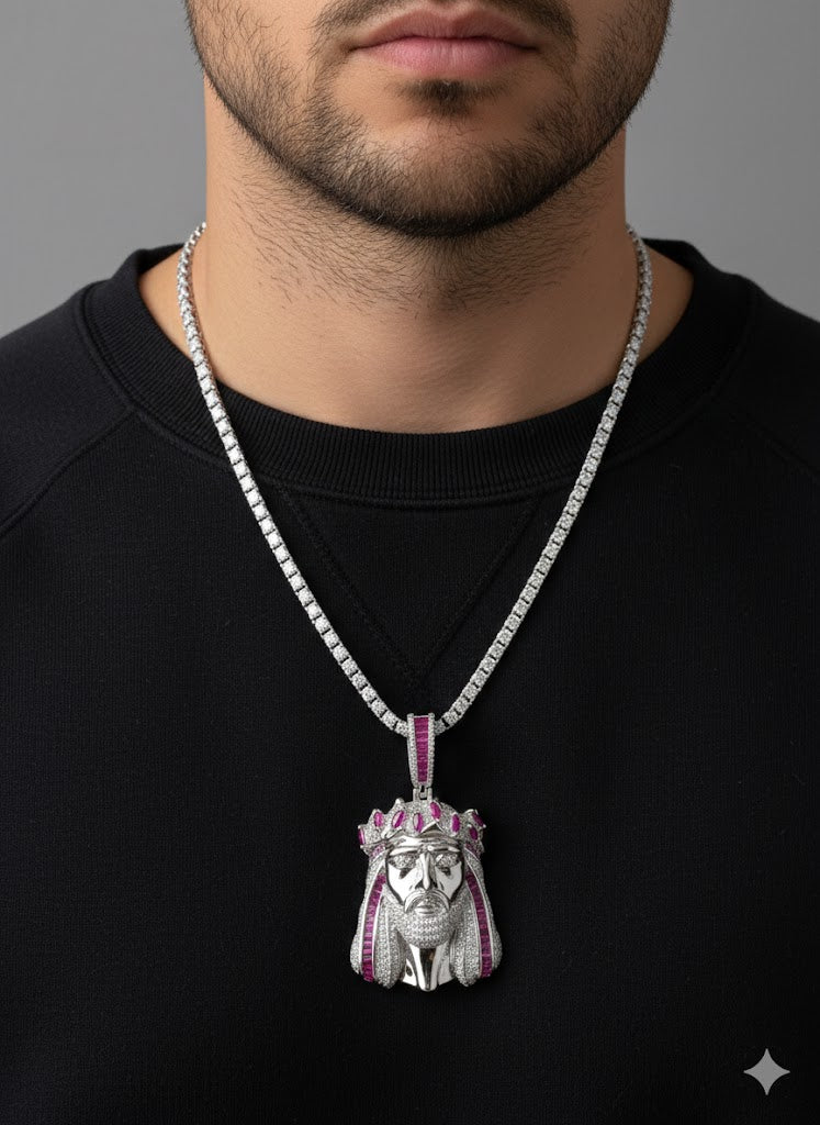 Silver Jesus Pendant with Pink Accents – Sterling Silver Jesus Necklace