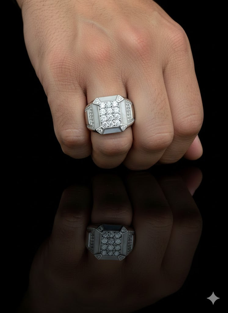Men’s Sterling Silver Rectangular Signet Ring with Stone - 925 Silver Stone Set Signet Ring
