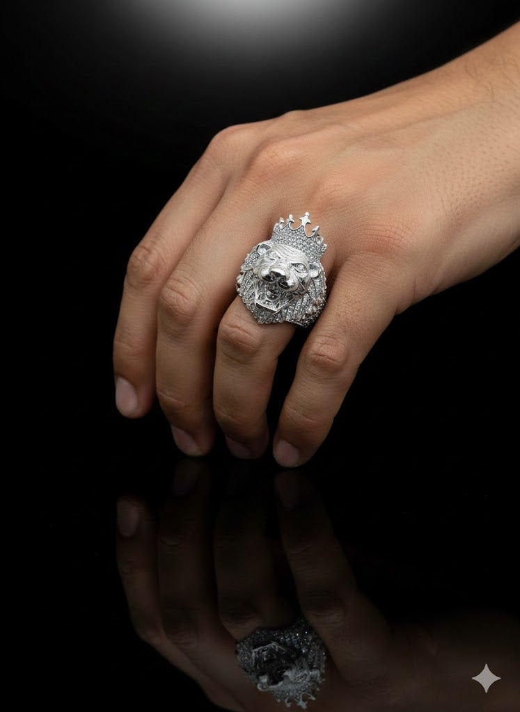 Men’s Silver Stone Set Lion Head Ring with Crown