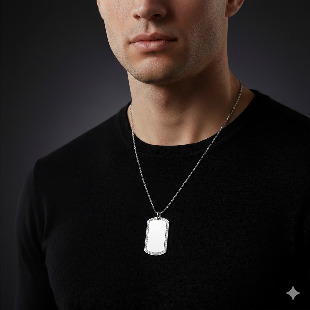 Sterling Silver Stone Dog Tag Pendant – Free Personalized Name or Symbol Engraving
