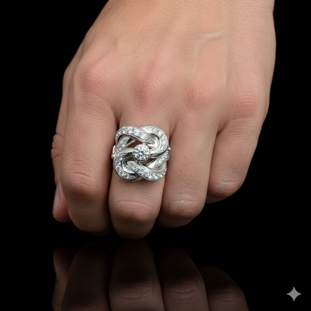 925 Sterling Silver Large CZ Knot Ring – Statement Silver Ring