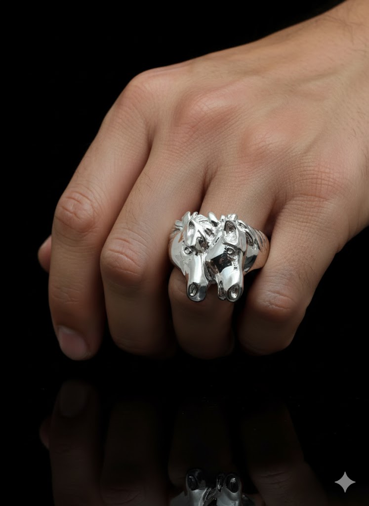 Men’s Sterling Silver Double Horse Head Ring – Bold Equestrian Statement Jewelry