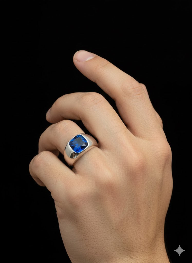 Men’s Blue CZ Stone Signet Ring – Sterling Silver Statement Ring