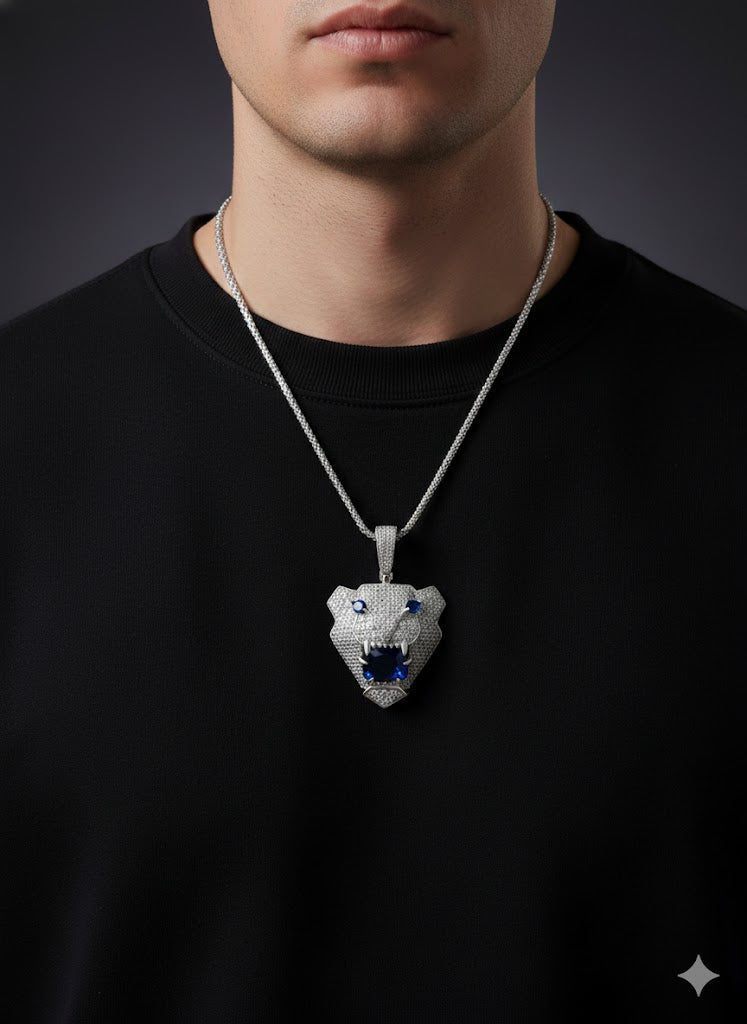 Blue CZ Stone Tiger Silver Men’s Pendant