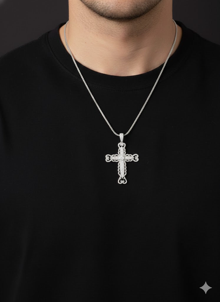 Patterned Stone Silver Cross Pendant