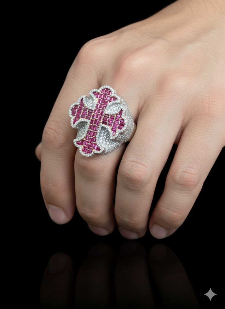 Red Stone Men’s Silver Cross Ring