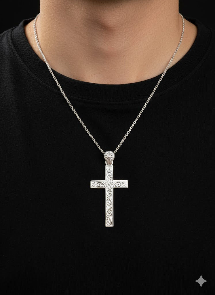 Patterned Silver Cross Pendant