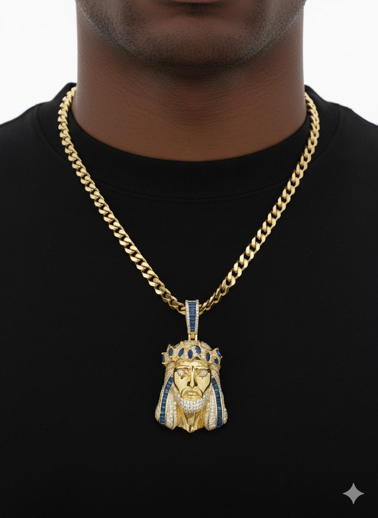Gold-Plated Silver Jesus Pendant with Blue Accents