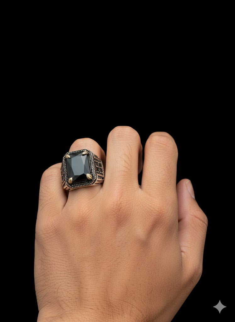 Men’s Sterling Silver Rectangular Black Onyx Ring
