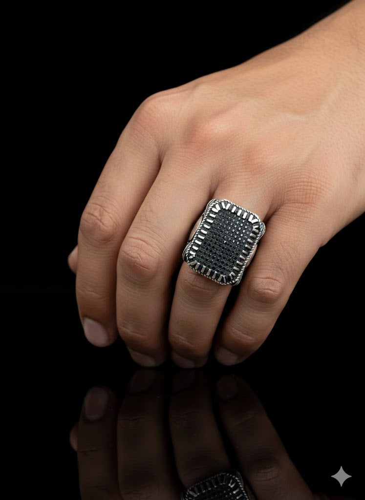 Men’s Sterling Silver Rectangular Black CZ Ring