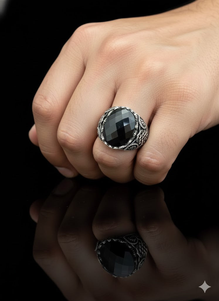 Men’s Sterling Silver Black Onyx Custom Design Ring