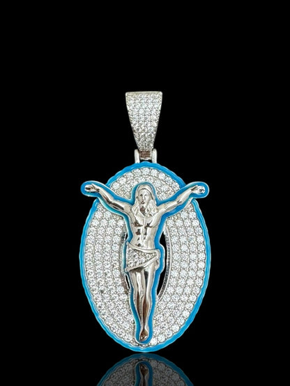 Sterling Silver Jesus Pendant with Blue Enamel Border