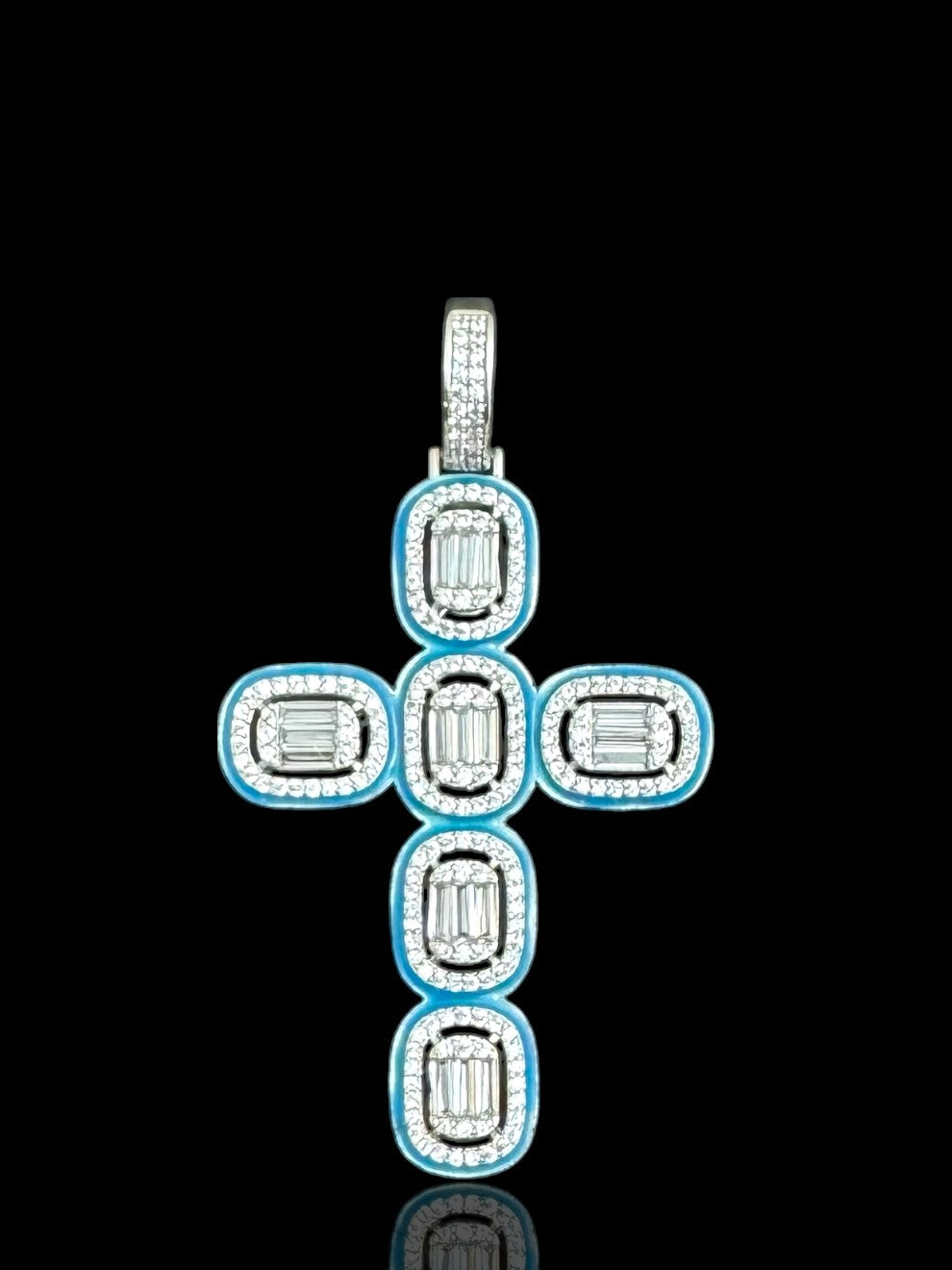 Silver Cross Pendant with Blue Enamel & CZ Stones