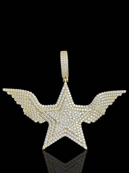 Men’s Fully Iced Out Winged Star Pendant – 925 Sterling Silver Hip Hop CZ