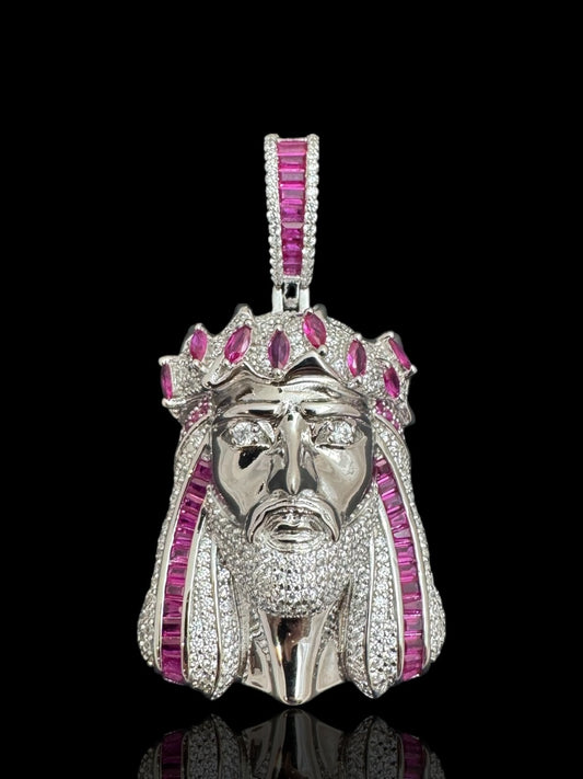 Silver Jesus Pendant with Pink Accents – Sterling Silver Jesus Necklace