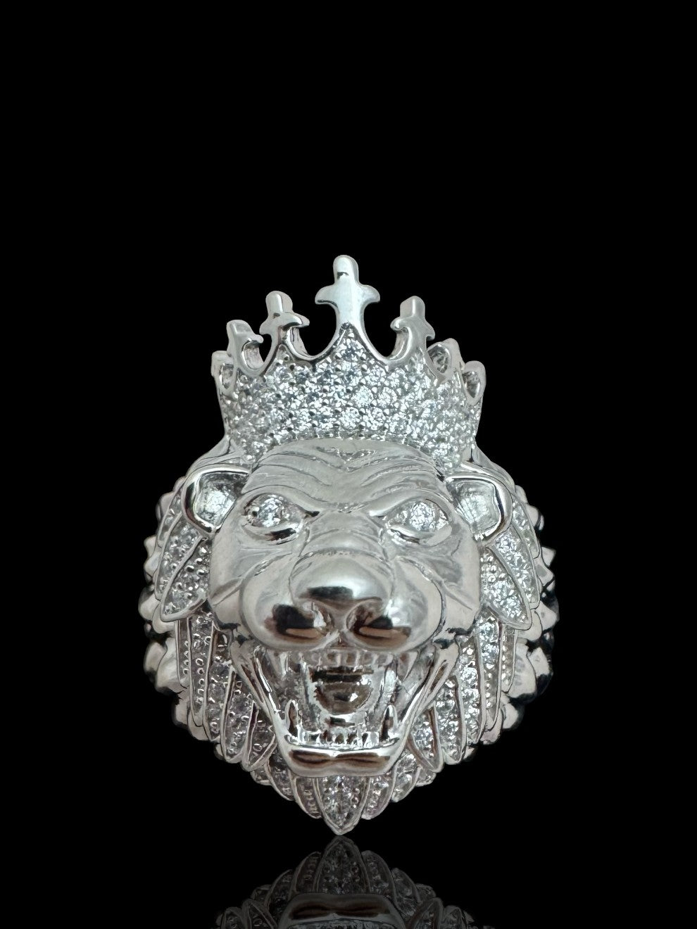 Men’s Silver Stone Set Lion Head Ring with Crown