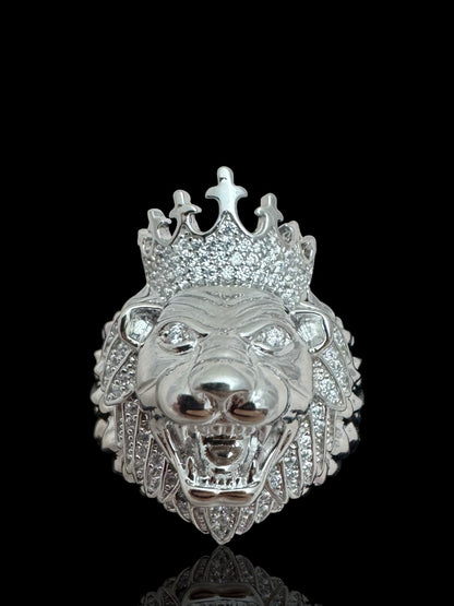 Men’s Silver Stone Set Lion Head Ring with Crown
