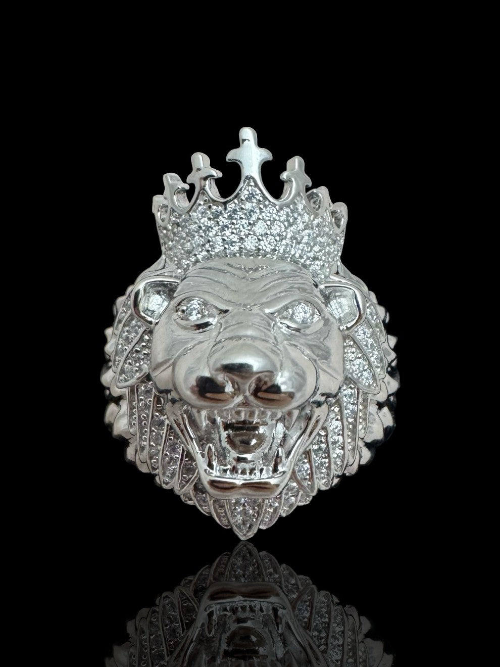 Men’s Silver Stone Set Lion Head Ring with Crown