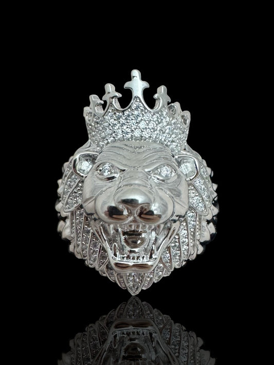 Men’s Silver Stone Set Lion Head Ring with Crown