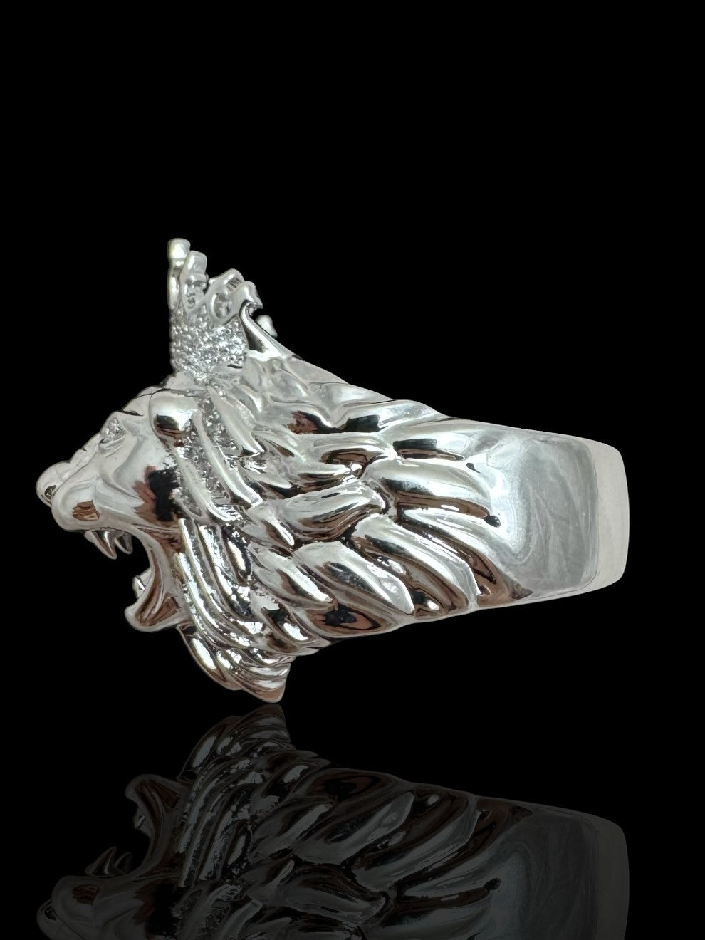Men’s Silver Stone Set Lion Head Ring with Crown