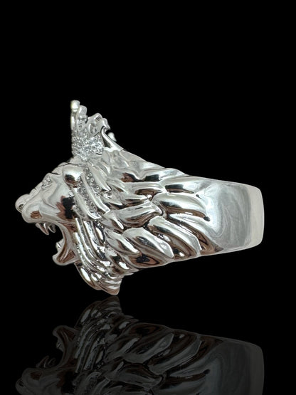 Men’s Silver Stone Set Lion Head Ring with Crown