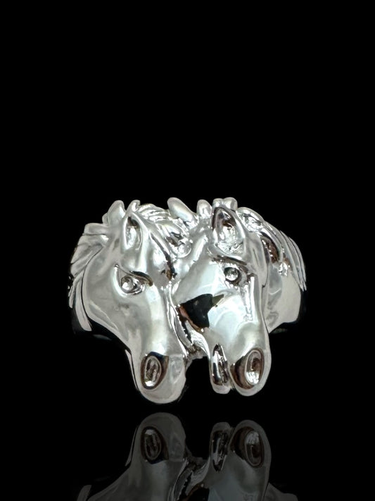 Men’s Sterling Silver Double Horse Head Ring – Bold Equestrian Statement Jewelry