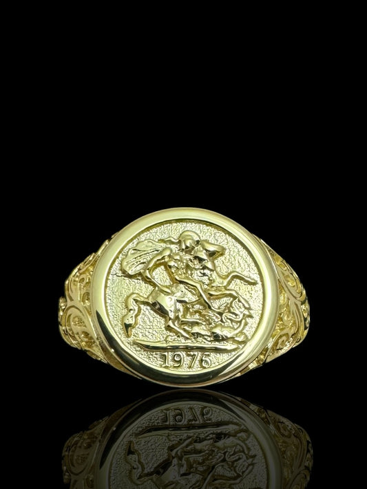 Sterling Silver Gold St. George Coin Ring, 925 Silver Gold Plated Coin Ring
