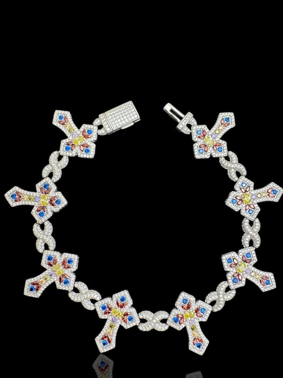 925 Silver Colorful Cross Bracelet, Hip Hop Cross Charm Bracelet