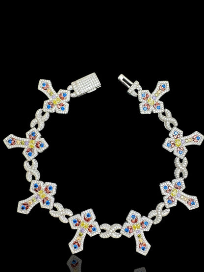 925 Silver Colorful Cross Bracelet, Hip Hop Cross Charm Bracelet