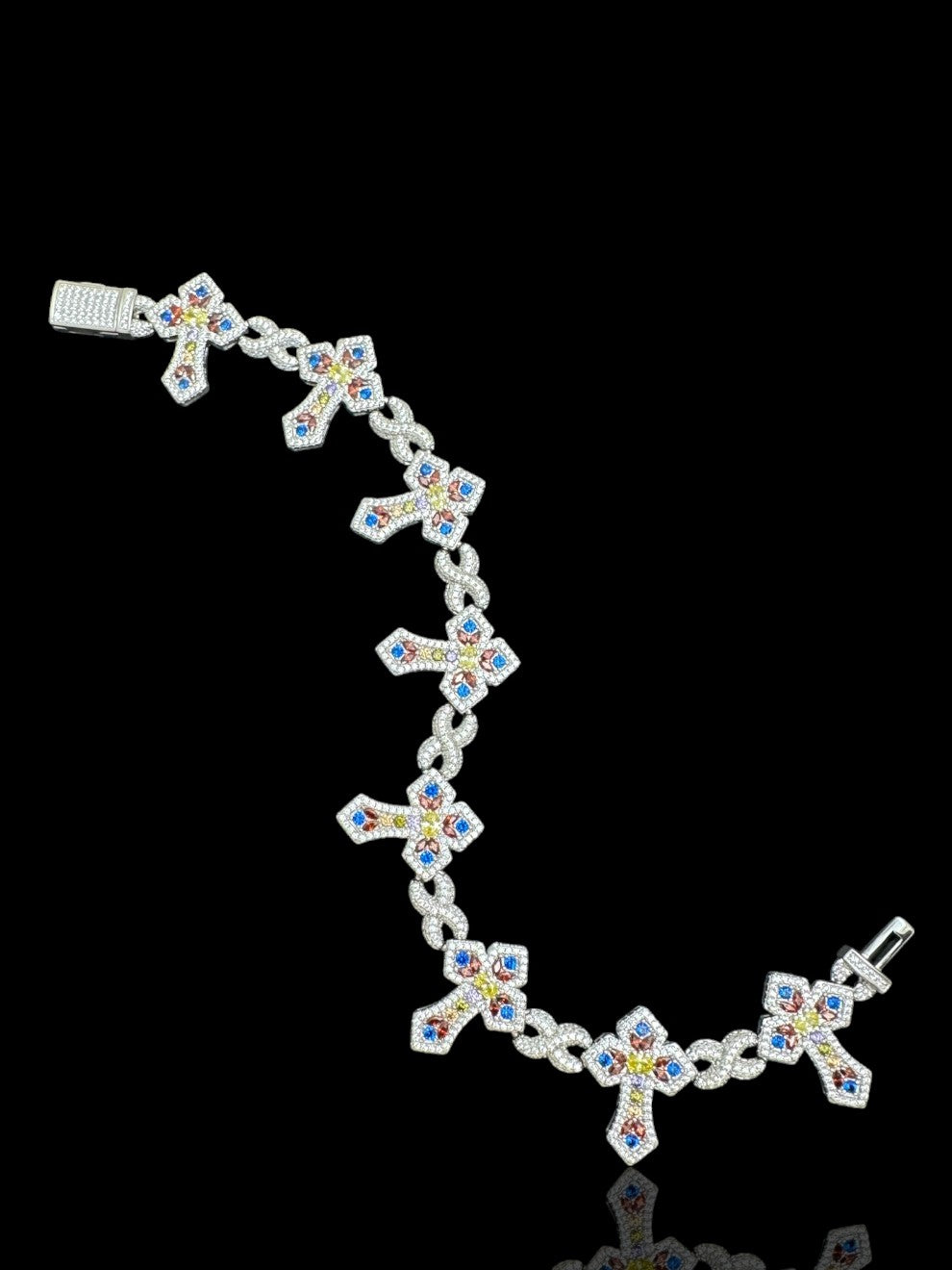 925 Silver Colorful Cross Bracelet, Hip Hop Cross Charm Bracelet