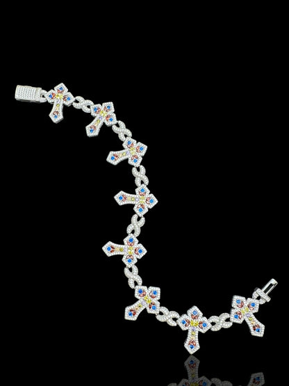 925 Silver Colorful Cross Bracelet, Hip Hop Cross Charm Bracelet