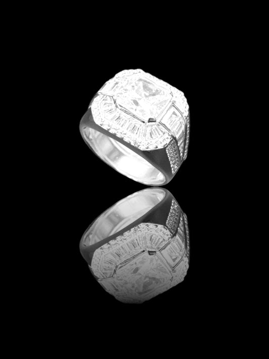 Sterling Silver Iced Out Baguette and Round Cubic Pinky Ring