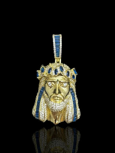 Gold-Plated Silver Jesus Pendant with Blue Accents