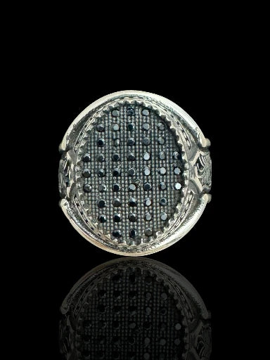 Men’s Sterling Silver Black Stone Engraved Ring