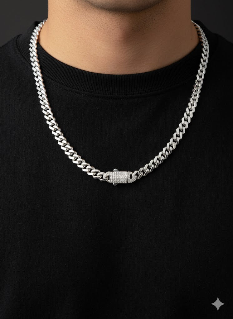 Men’s Silver Cuban Chain with CZ-Embellished Lock
