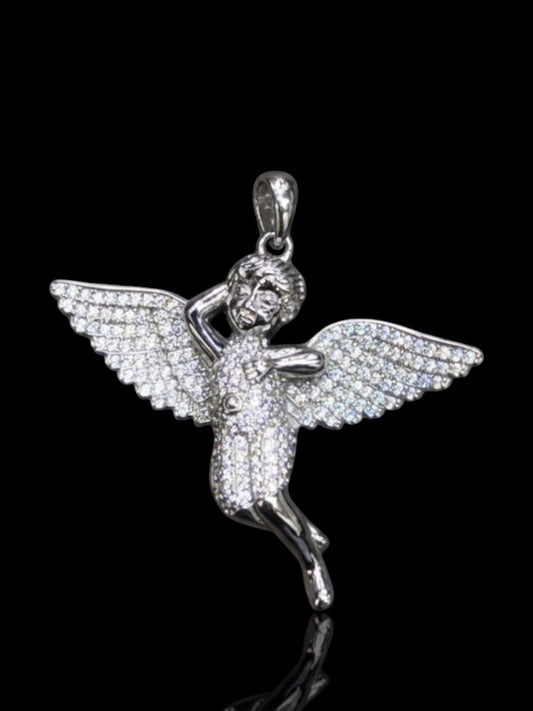 Silver CZ Winged Angel Cherub Pendant