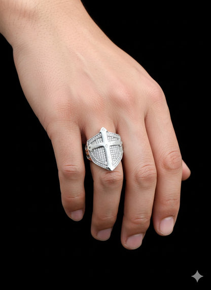 Men’s Silver Iced Cross Shield Ring