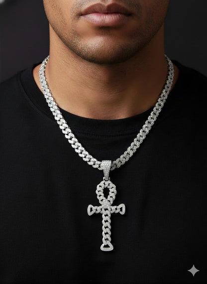 CZ Stone Cuban Link Ankh Cross Pendant