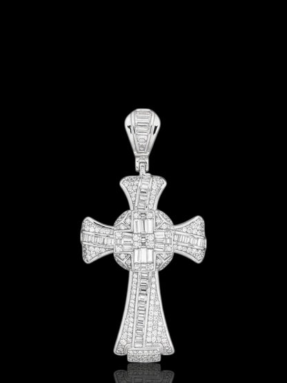 CZ Baguette Stone Diamond-Cut Silver Cross Pendant