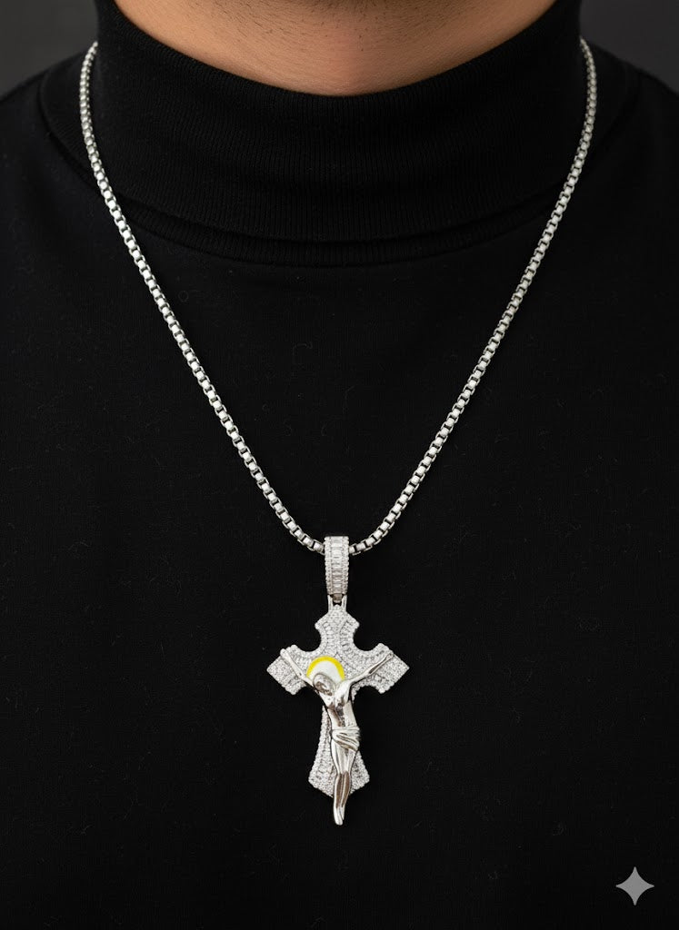 Sterling Silver CZ Baguette Set Crucifix Cross Pendant