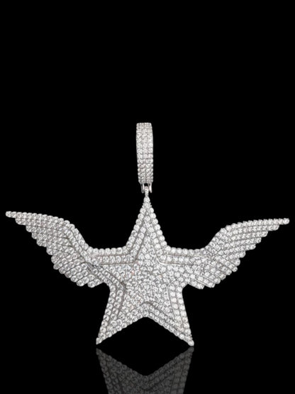 Men’s Fully Iced Out Winged Star Pendant – 925 Sterling Silver Hip Hop CZ